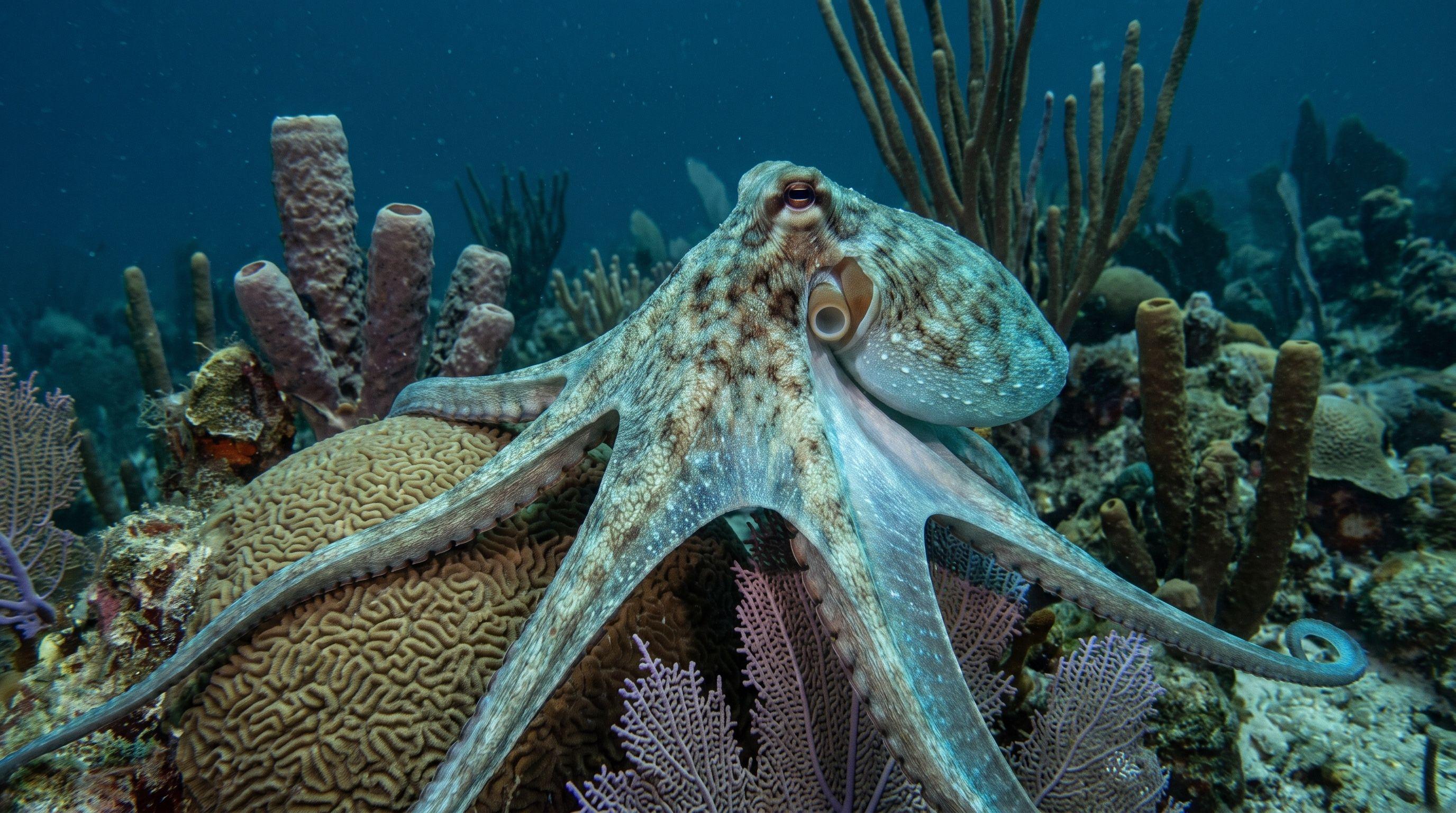 AI-generated illustration; species identification unverified. Caribbean Reef Octopus (Octopus briareus)