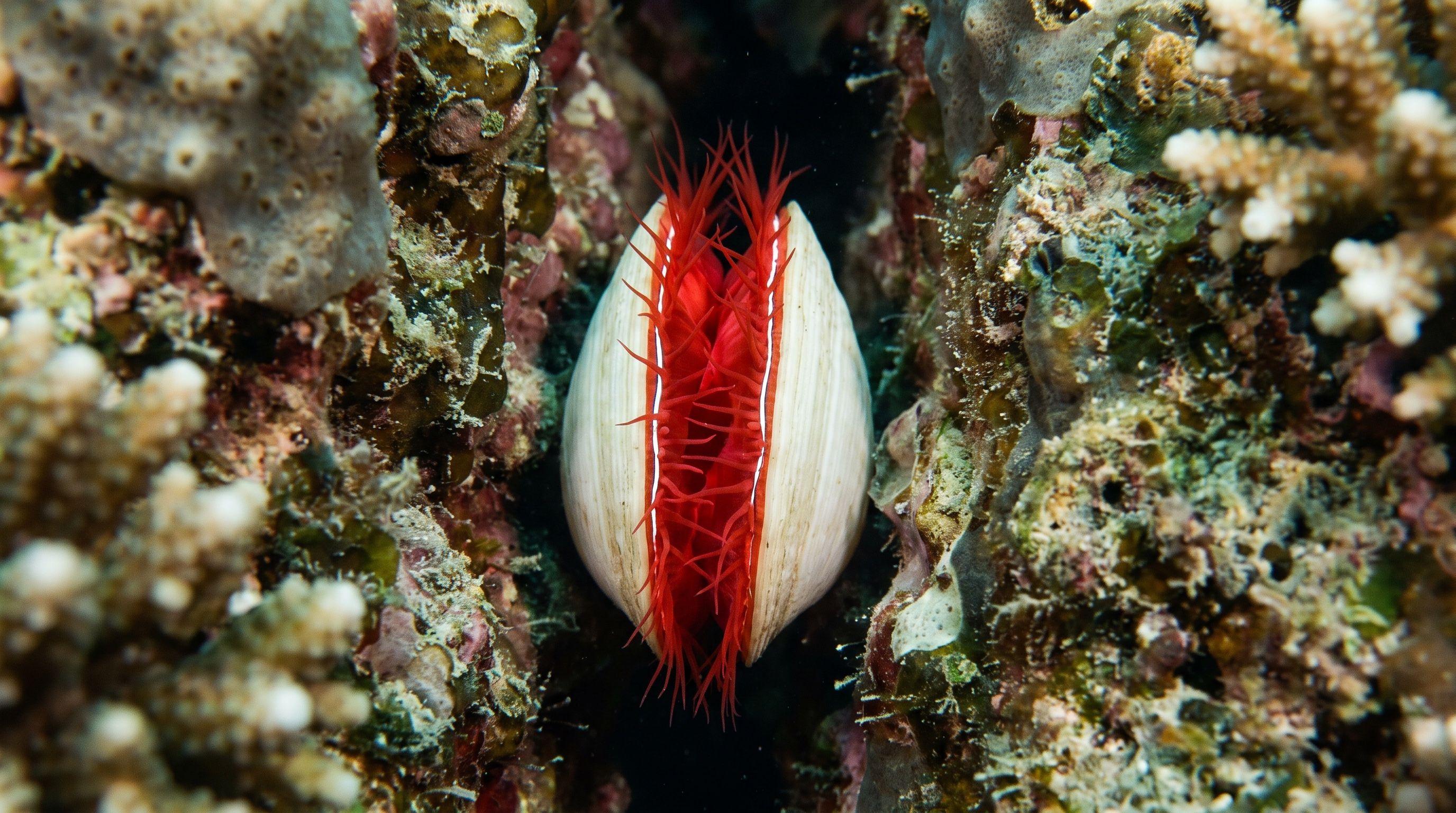AI-generated illustration; species identification unverified. Disco Clam (Electric Flame Oyster) (Ctenoides ales)