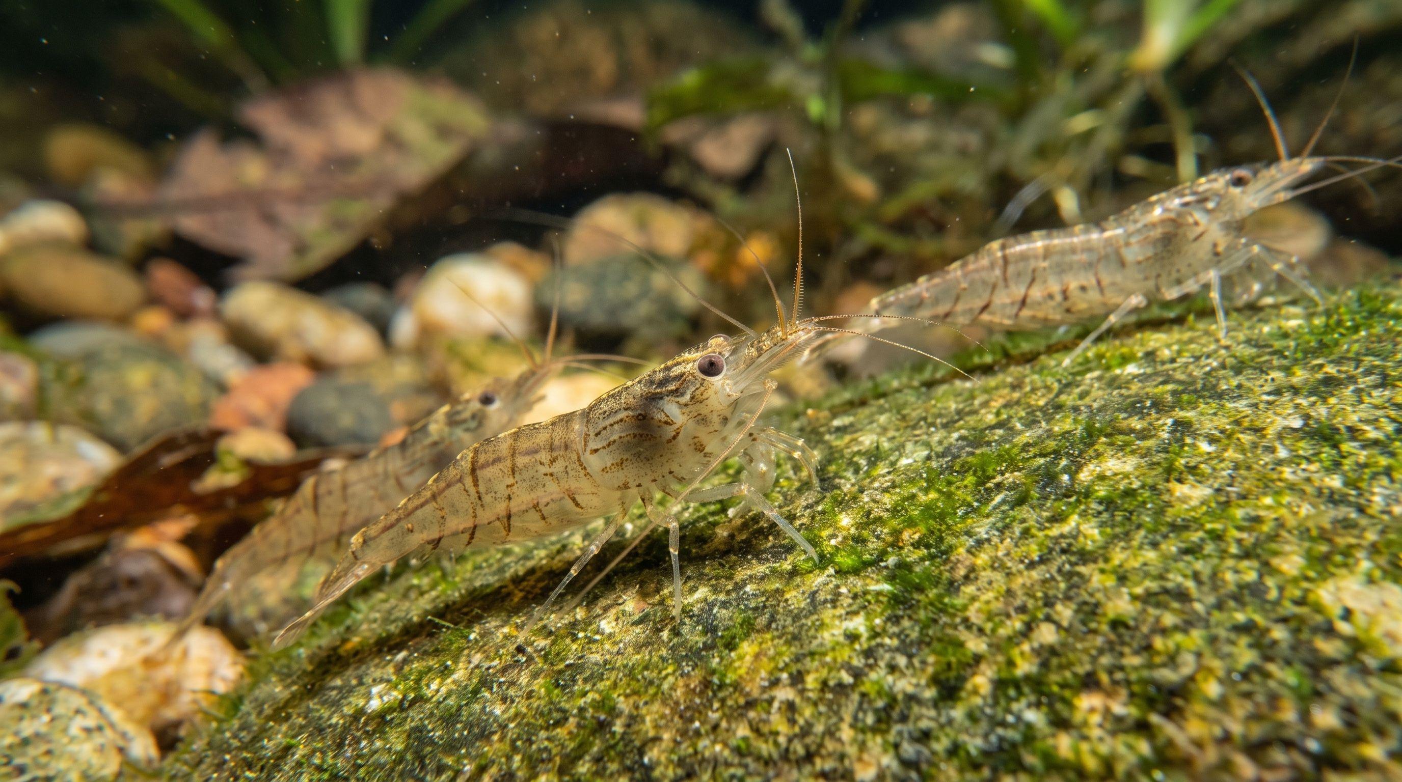 AI-generated illustration; species identification unverified. Freshwater Shrimp (Caridina spp.)