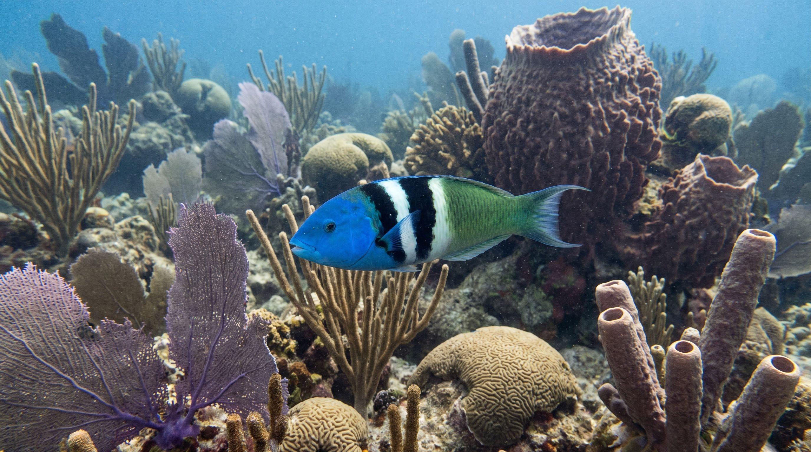 AI-generated illustration; species identification unverified. Bluehead Wrasse (Thalassoma bifasciatum)