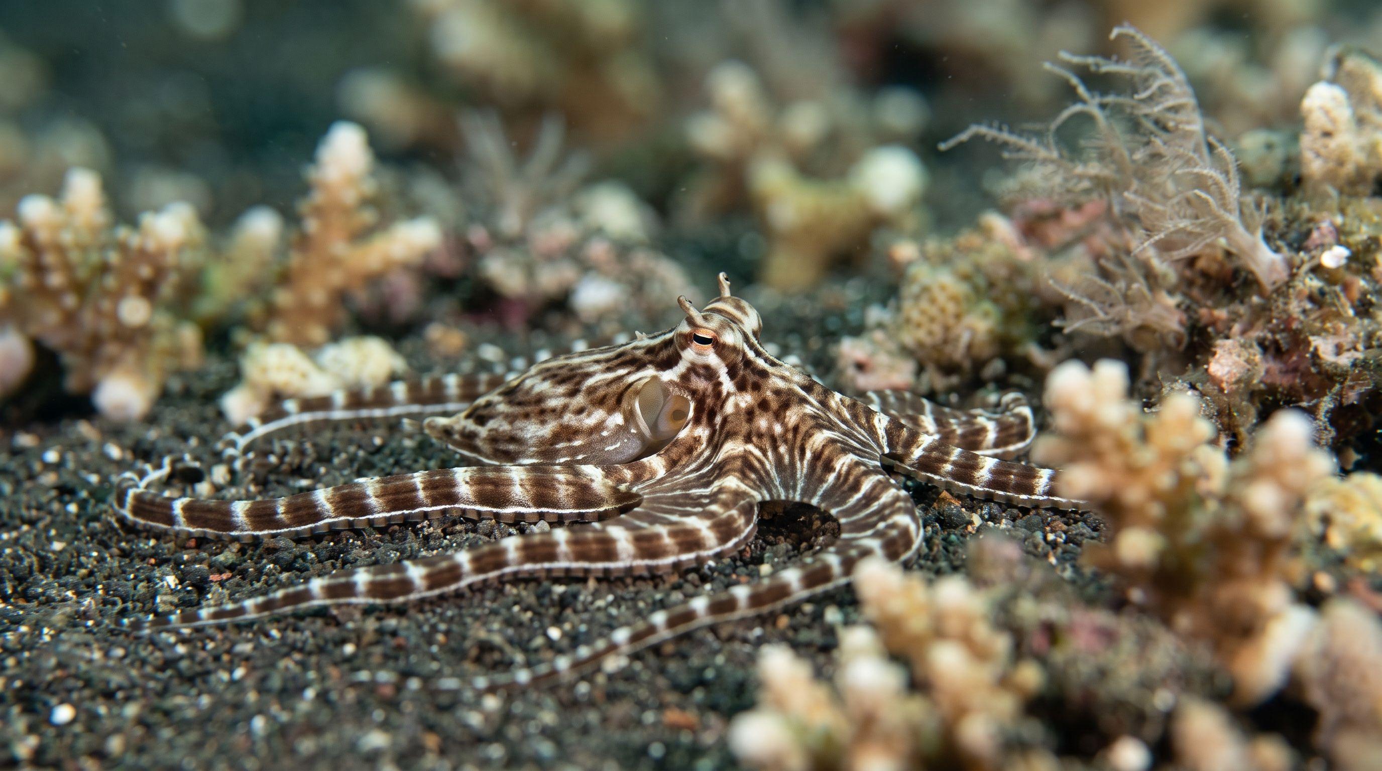 AI-generated illustration; species identification unverified. Mimic Octopus (Thaumoctopus mimicus)