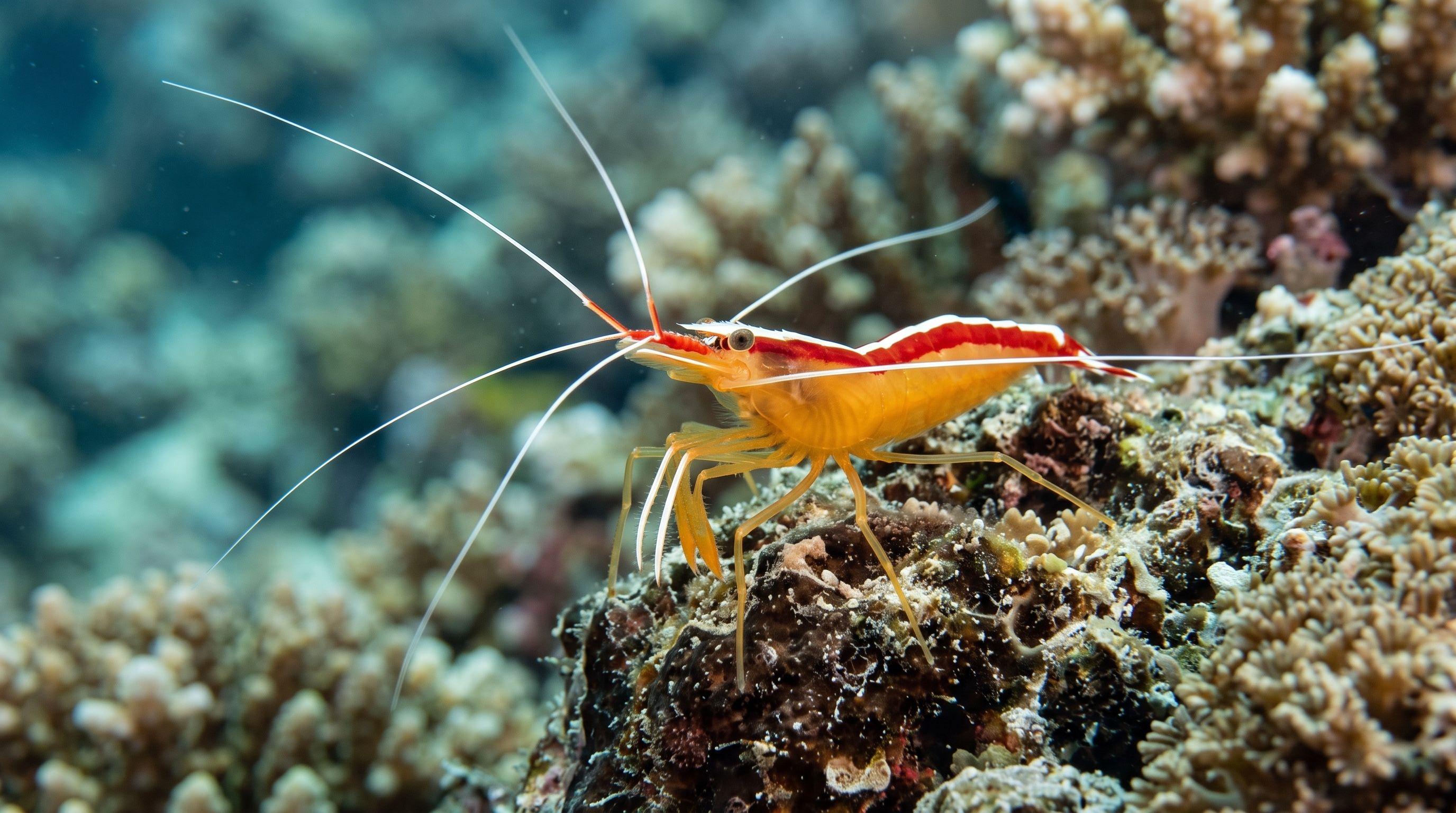 AI-generated illustration; species identification unverified. Skunk Cleaner Shrimp (Lysmata amboinensis)