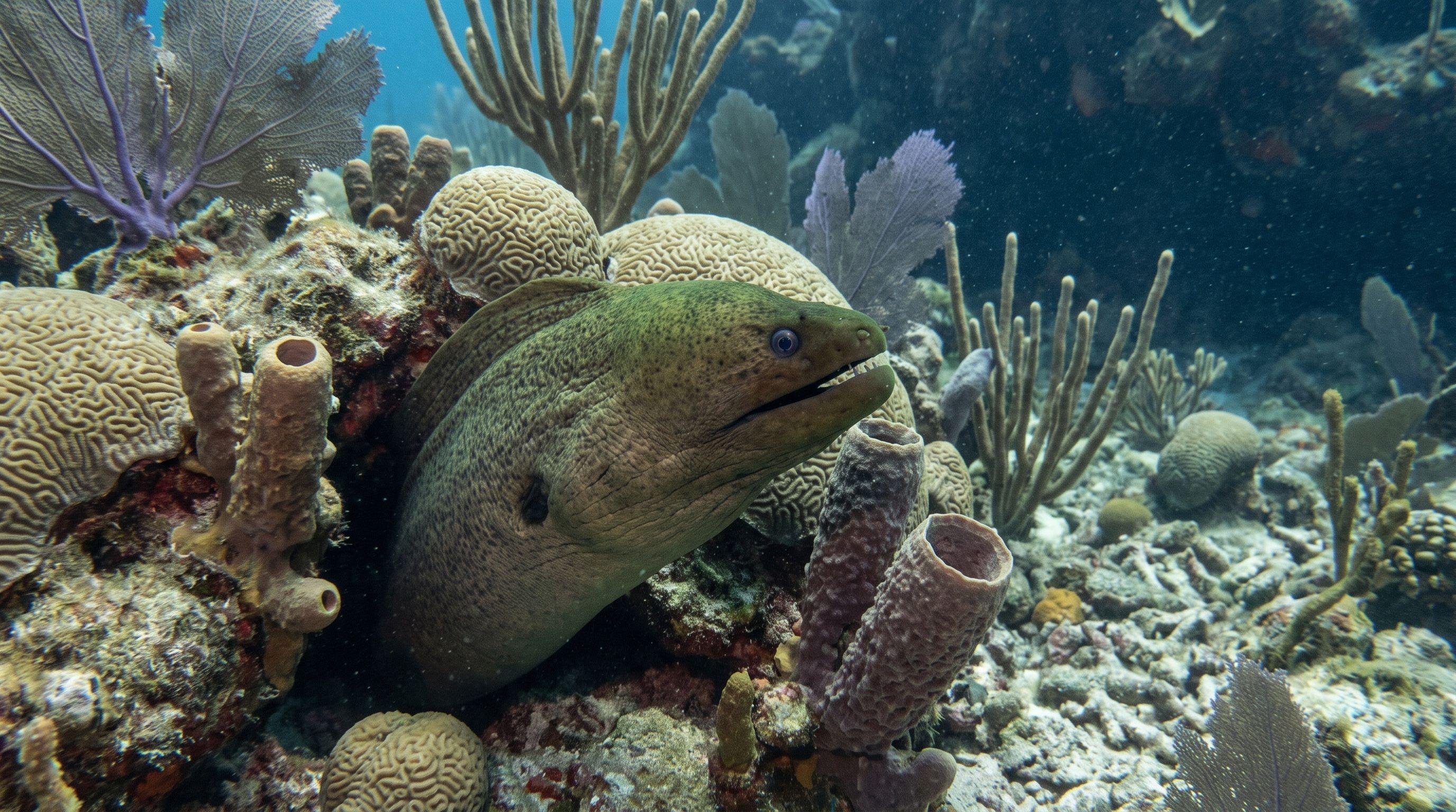 AI-generated illustration; species identification unverified. Green Moray Eel (Gymnothorax funebris)