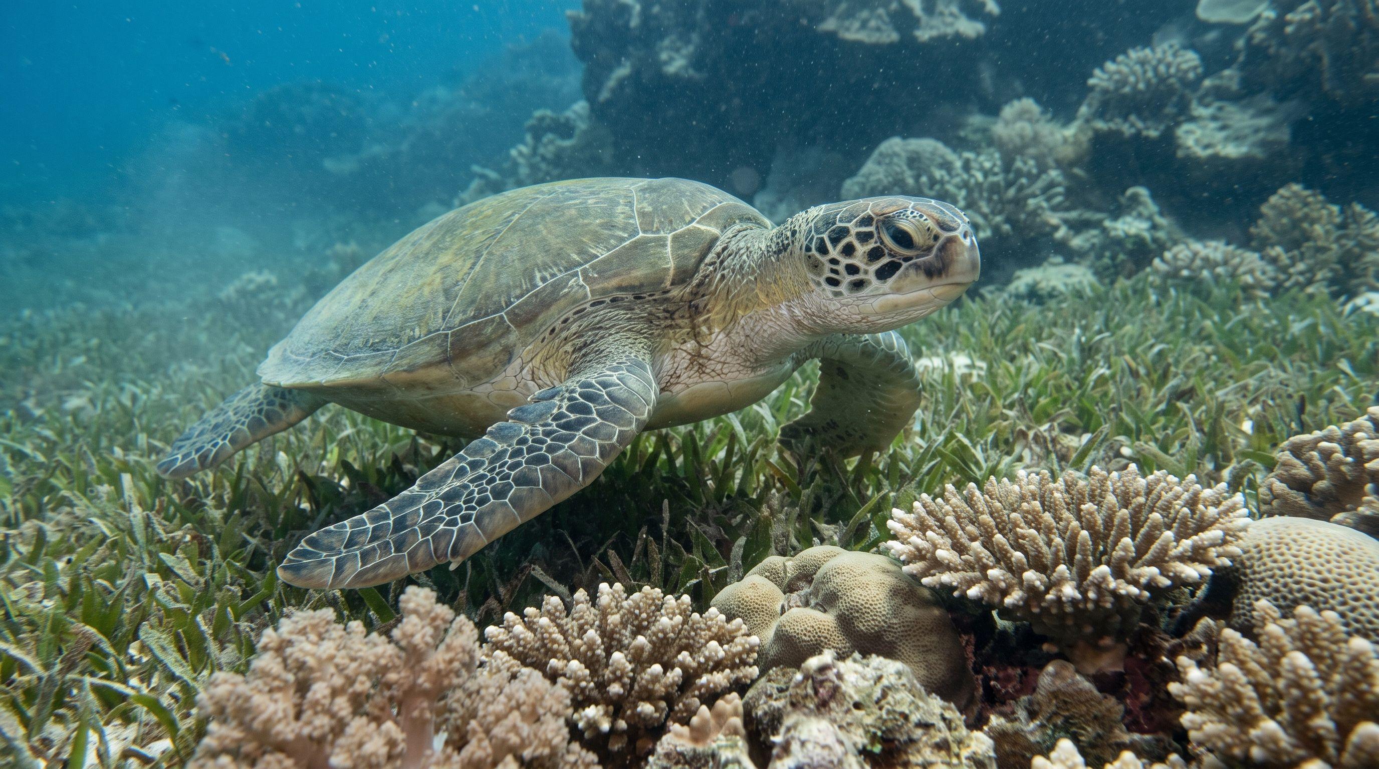 AI-generated illustration; species identification unverified. Green Sea Turtle (Chelonia mydas)