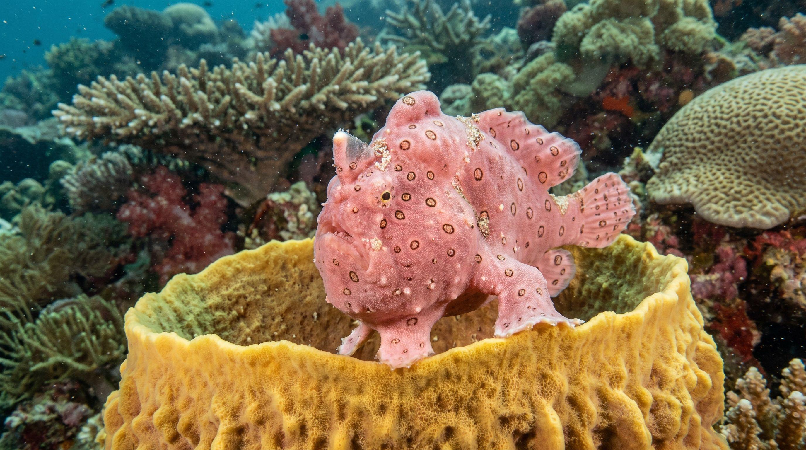 AI-generated illustration; species identification unverified. Painted Frogfish (Antennarius pictus)