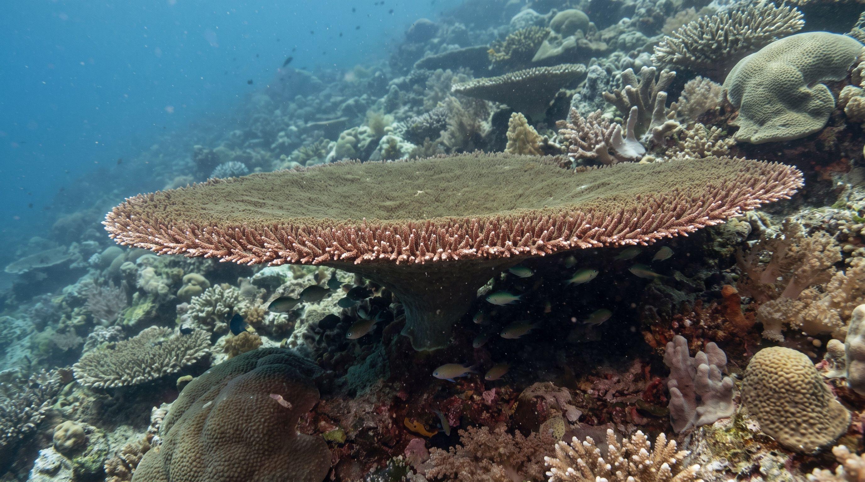 AI-generated illustration; species identification unverified. Table Coral (Acropora hyacinthus)