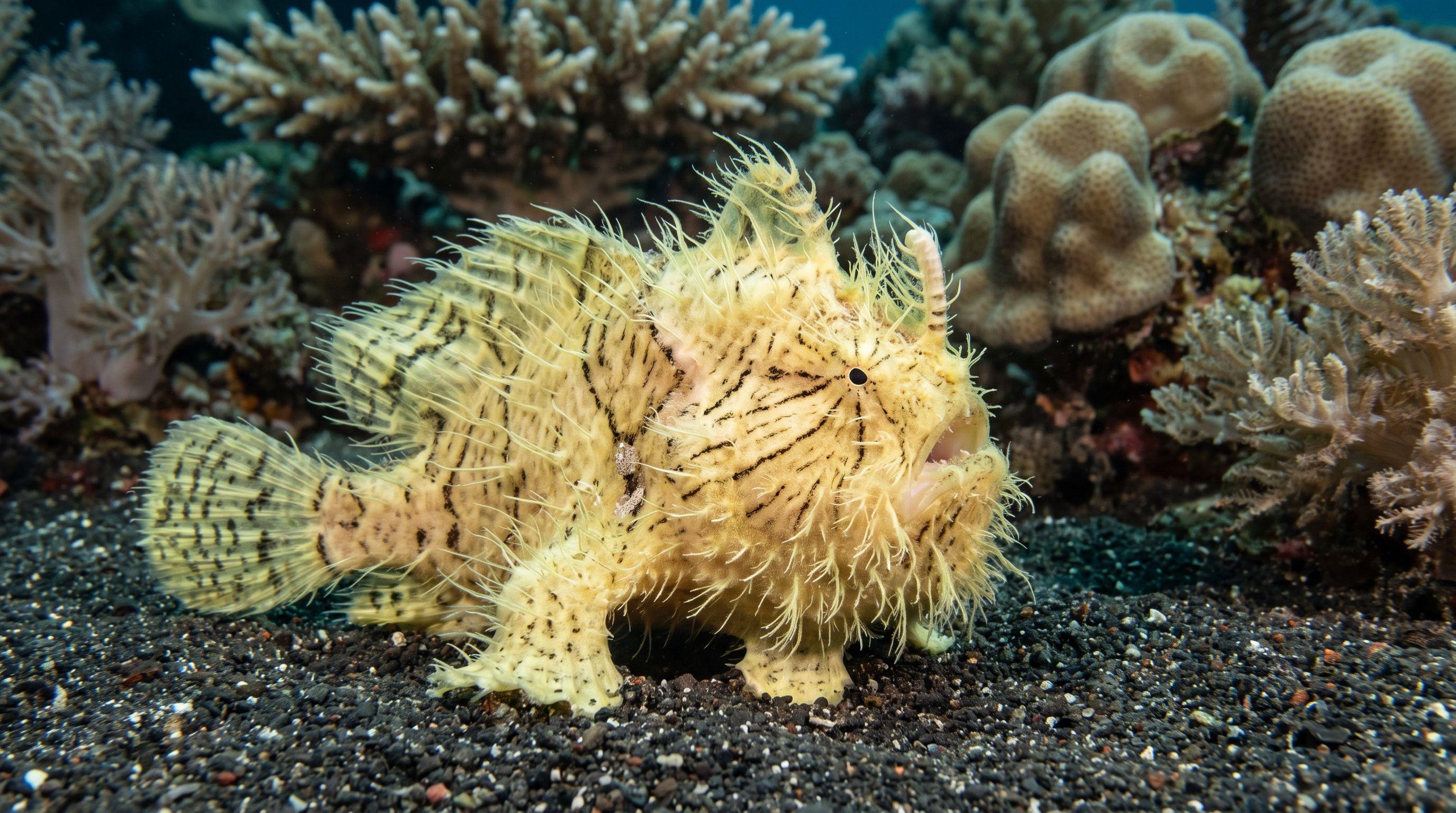 AI-generated illustration; species identification unverified. Hairy Frogfish (Antennarius striatus)