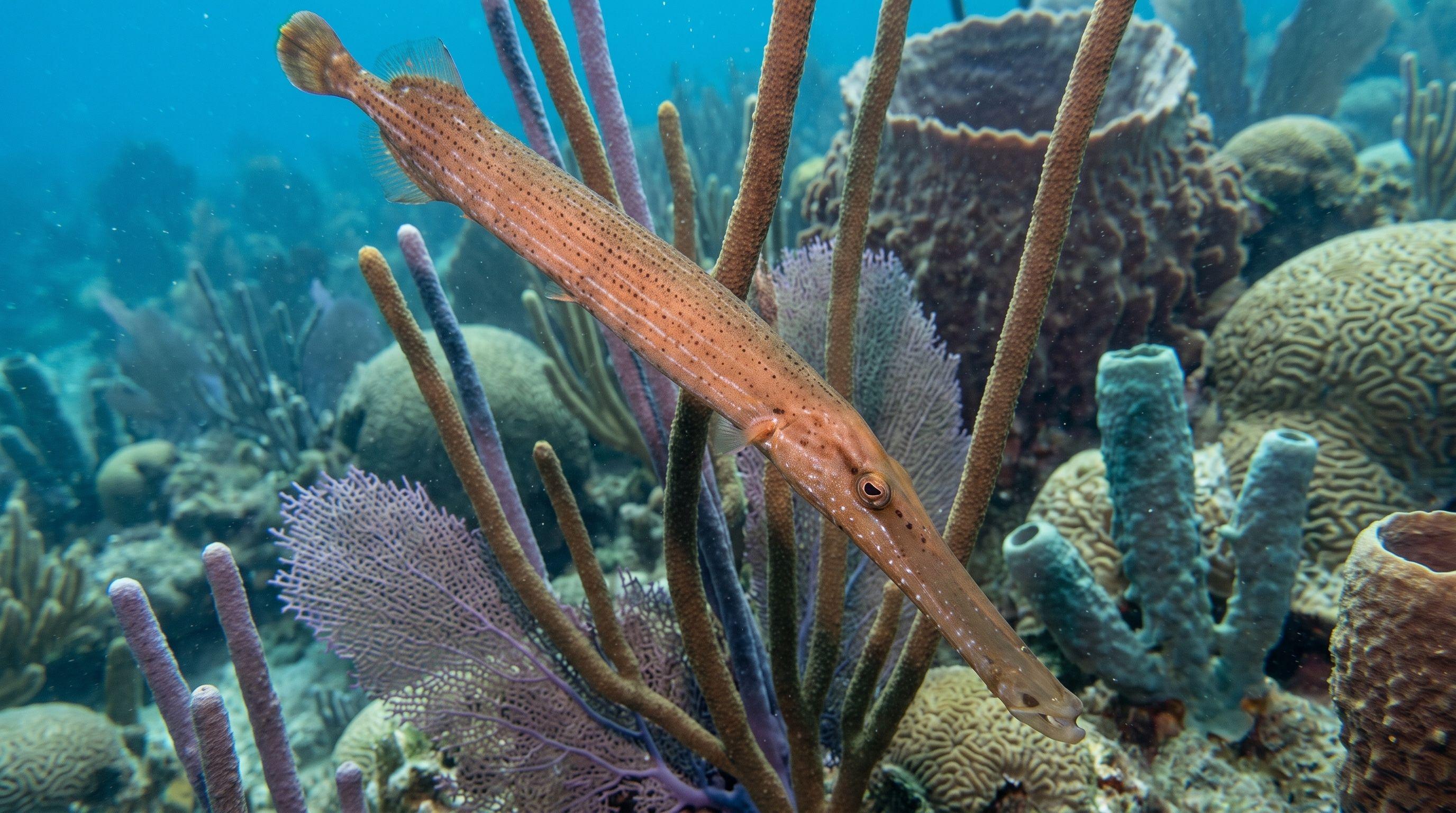 AI-generated illustration; species identification unverified. Atlantic Trumpetfish (Aulostomus maculatus)