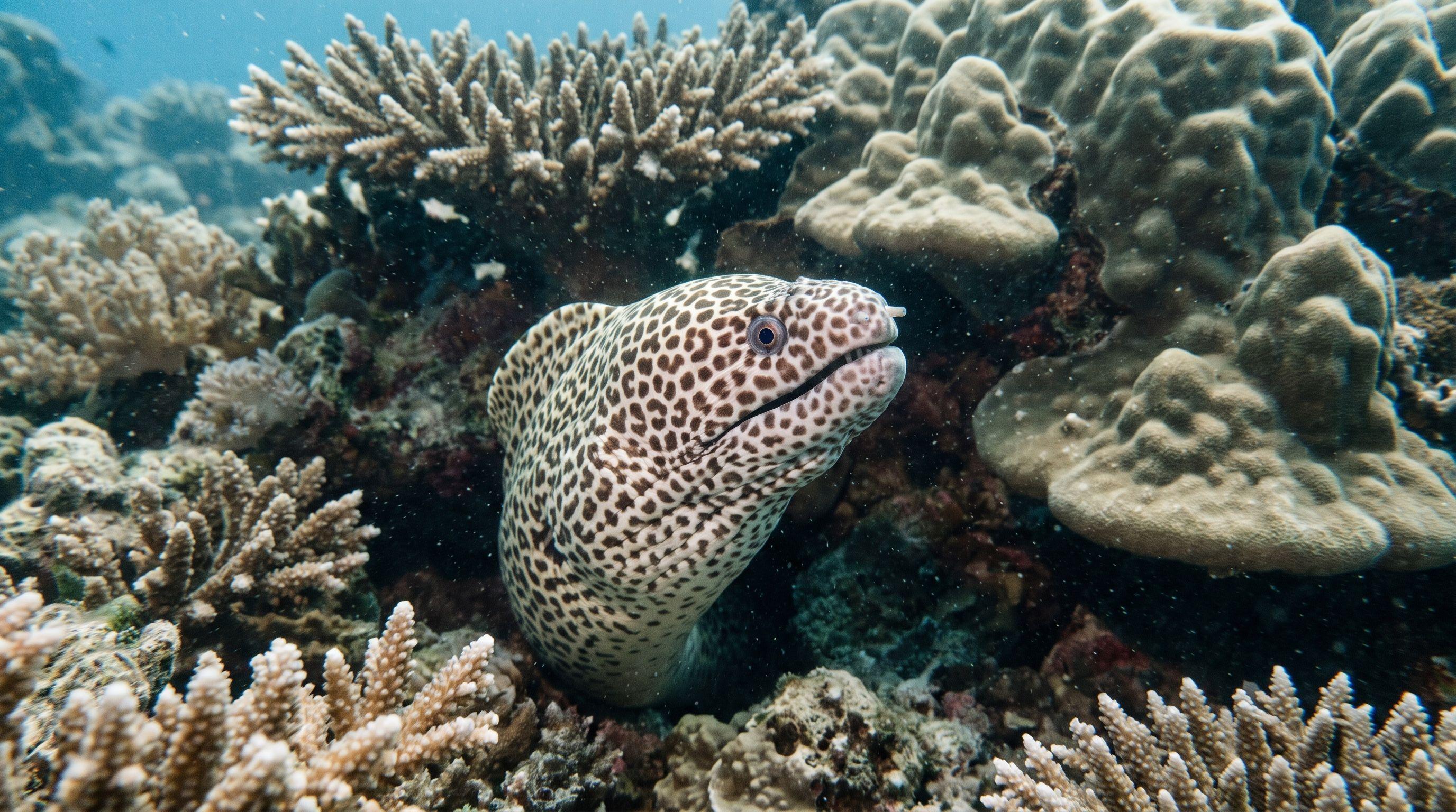 AI-generated illustration; species identification unverified. Honeycomb Moray (Gymnothorax favagineus)