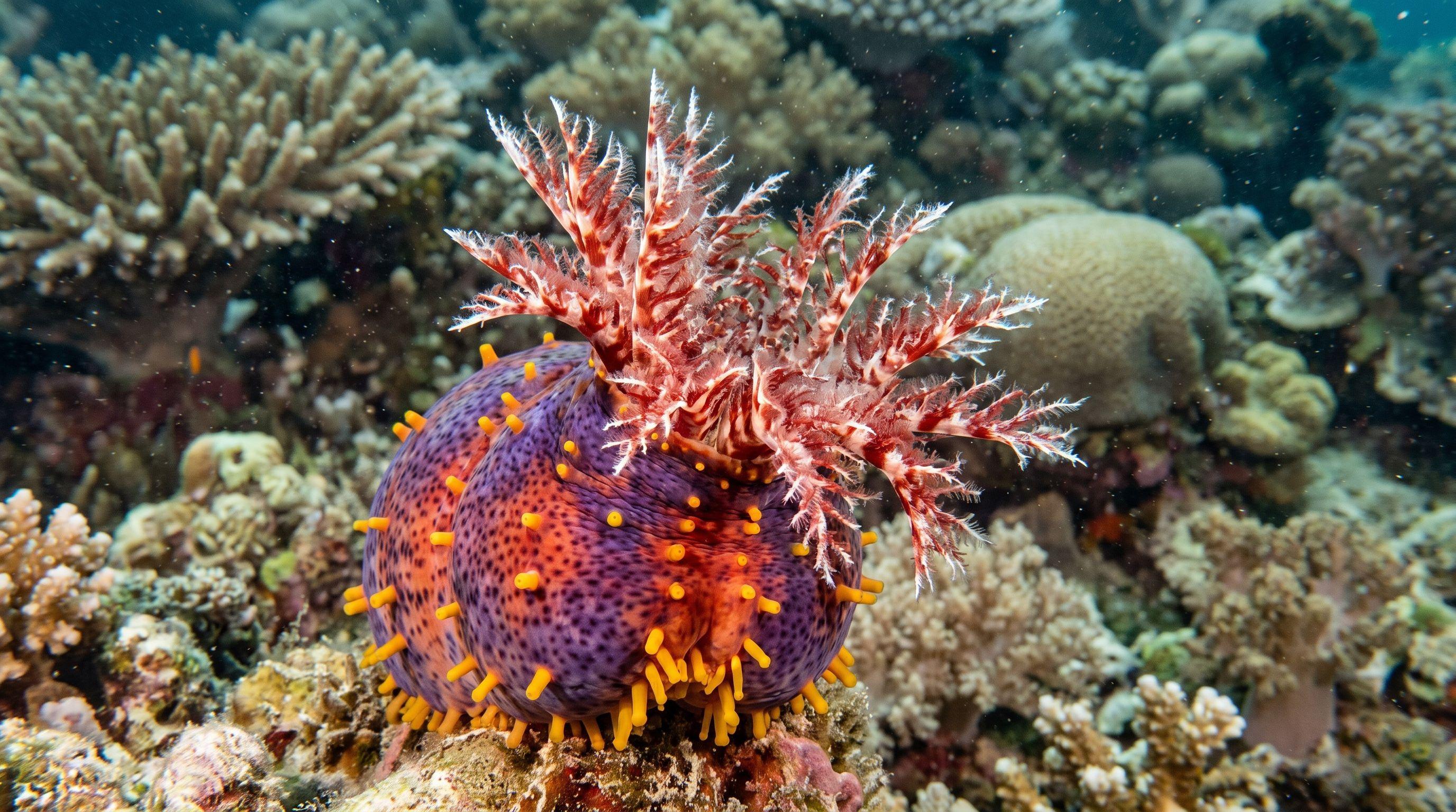 AI-generated illustration; species identification unverified. Sea Apple (Pseudocolochirus violaceus)