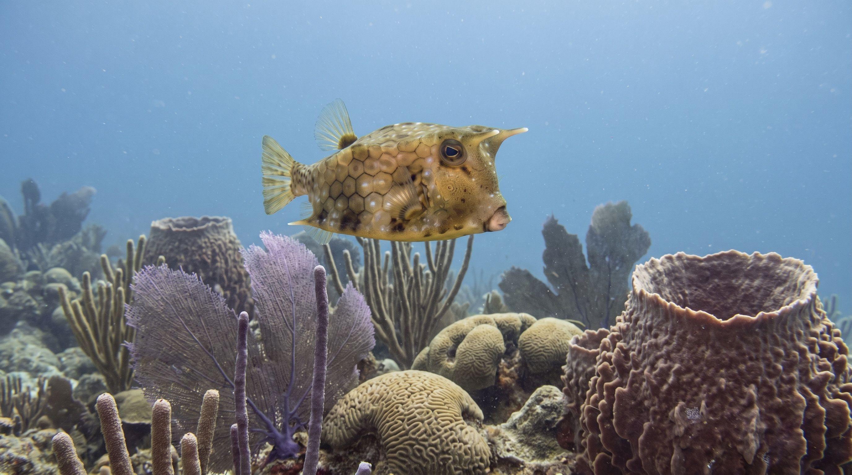 AI-generated illustration; species identification unverified. Honeycomb Cowfish (Acanthostracion polygonius)