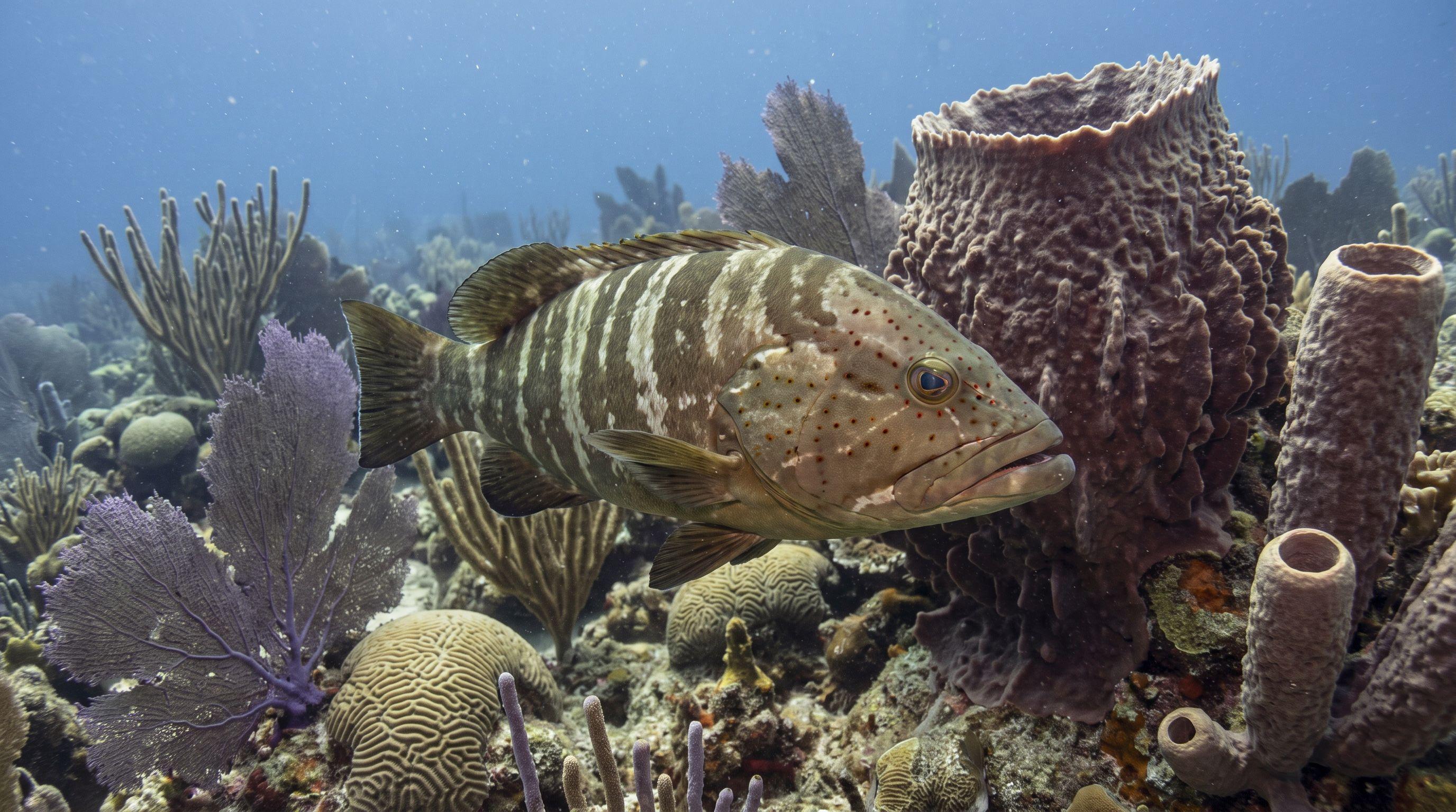 AI-generated illustration; species identification unverified. Tiger Grouper (Mycteroperca tigris)