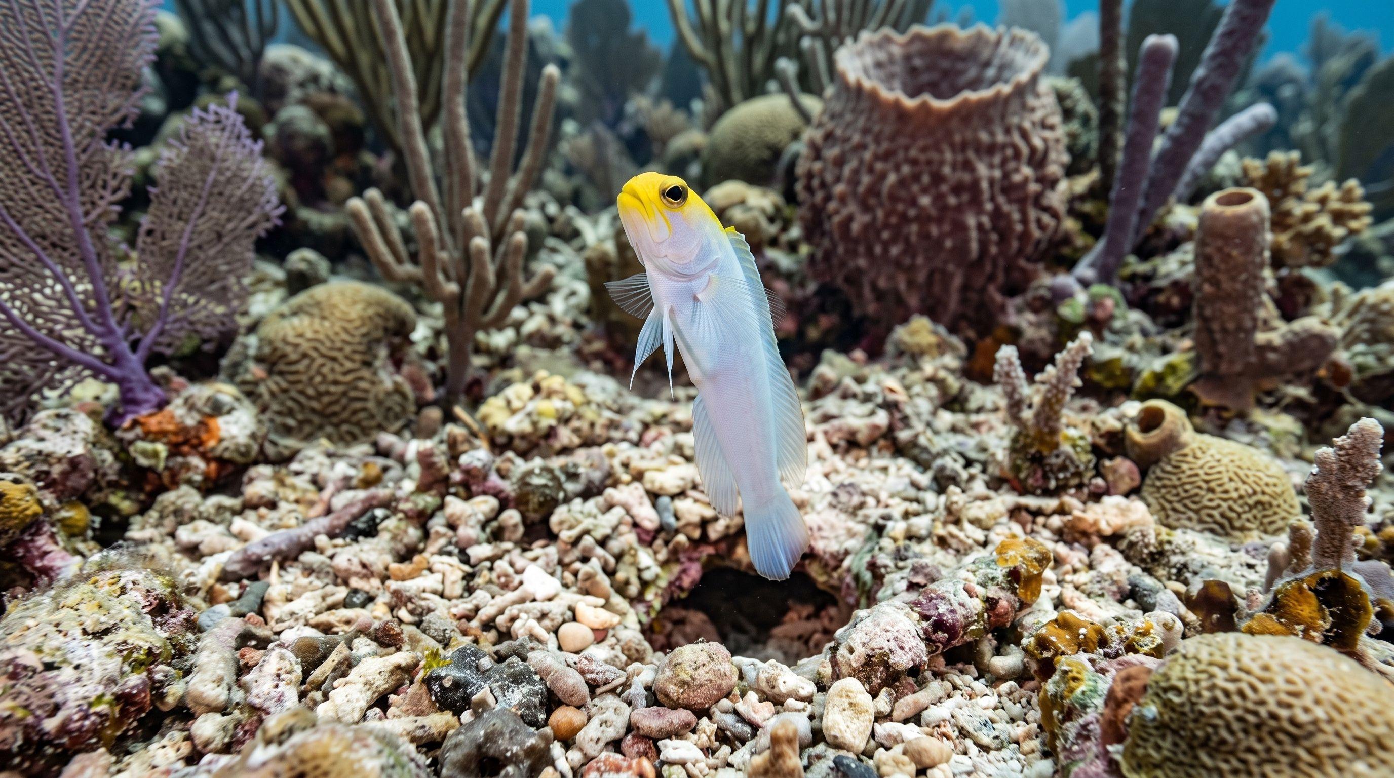 AI-generated illustration; species identification unverified. Yellowhead Jawfish (Opistognathus aurifrons)