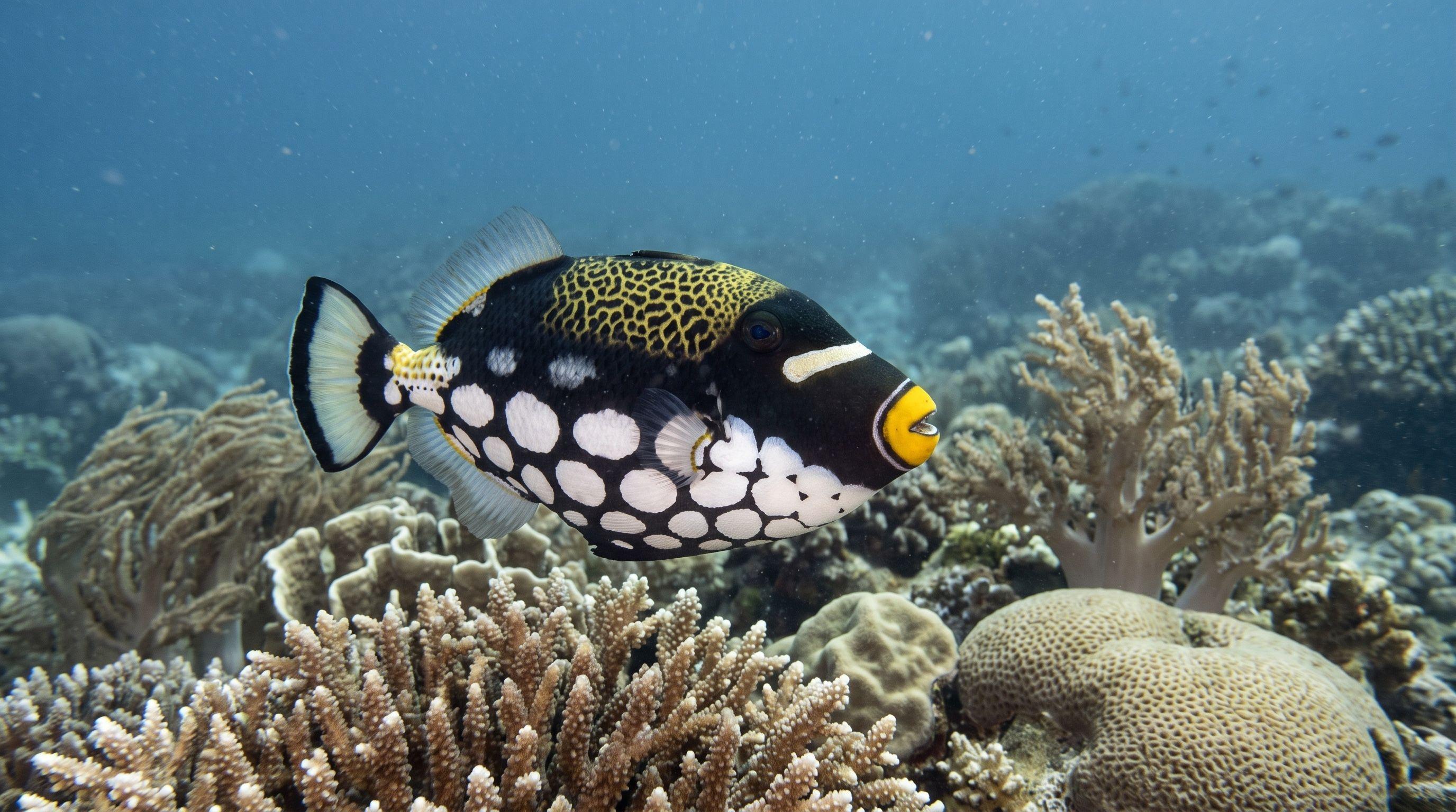 AI-generated illustration; species identification unverified. Clown Triggerfish (Balistoides conspicillum)