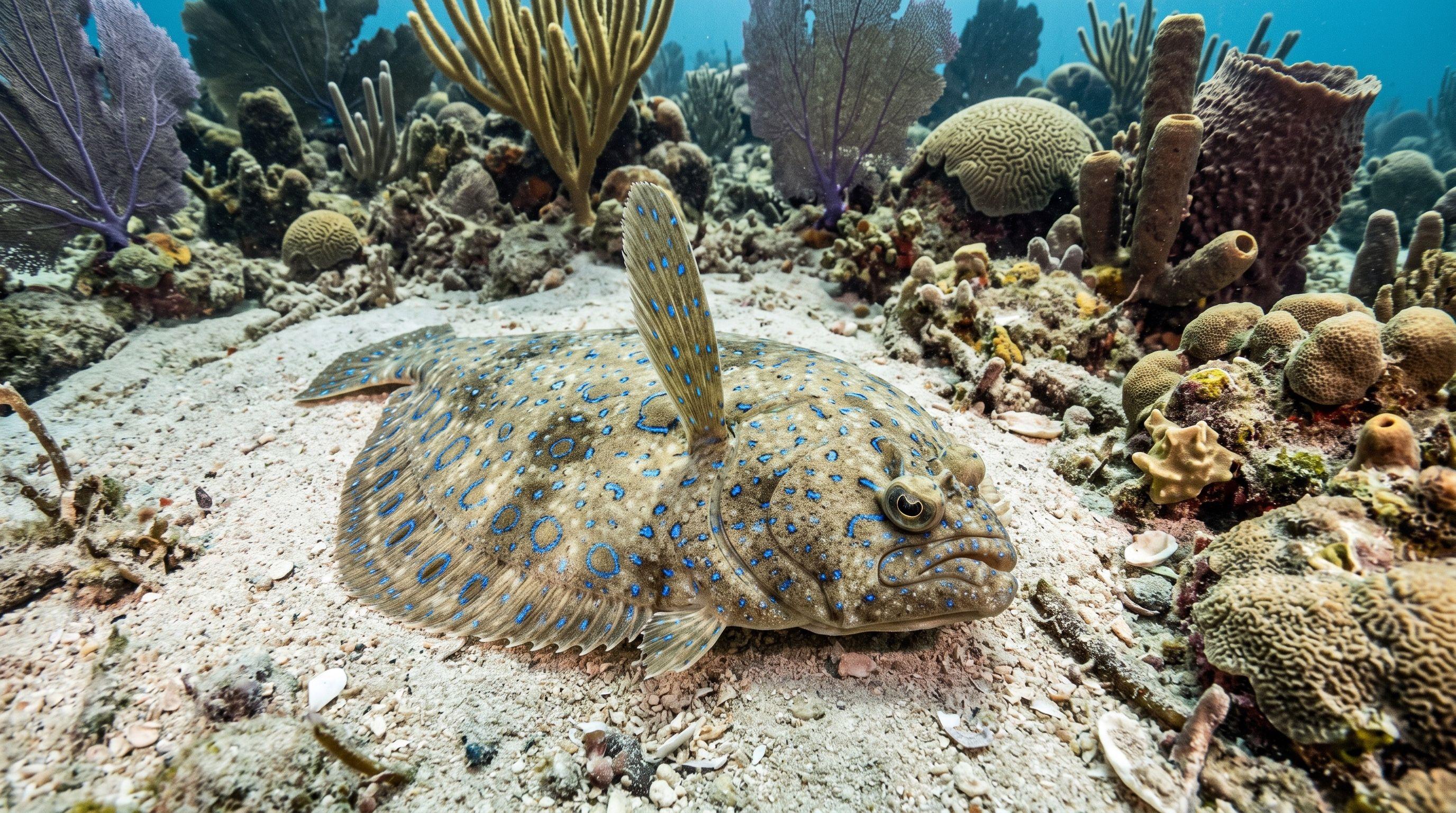 AI-generated illustration; species identification unverified. Peacock Flounder (Bothus lunatus)