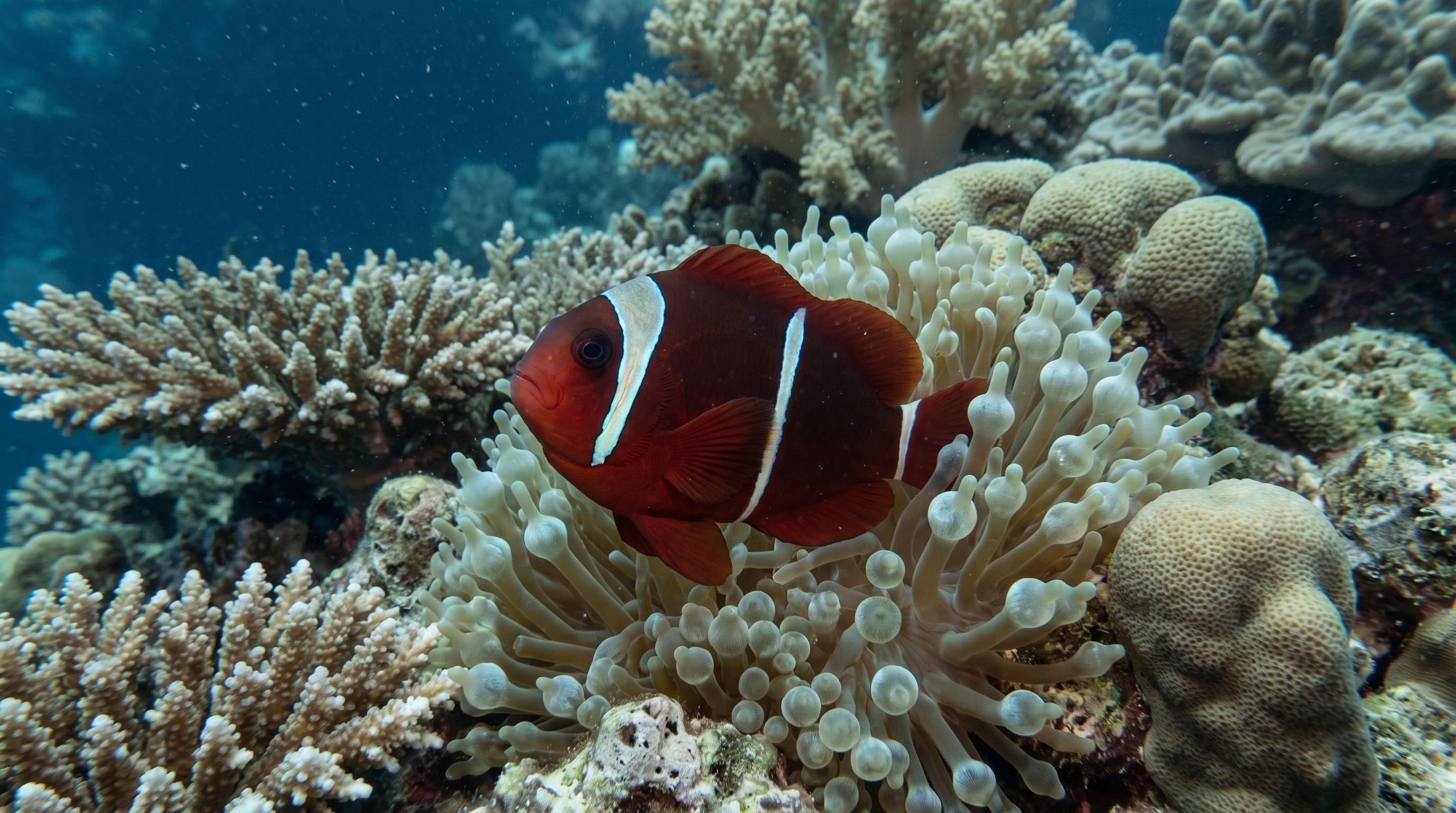 AI-generated illustration; species identification unverified. Maroon Anemonefish (Premnas biaculeatus)