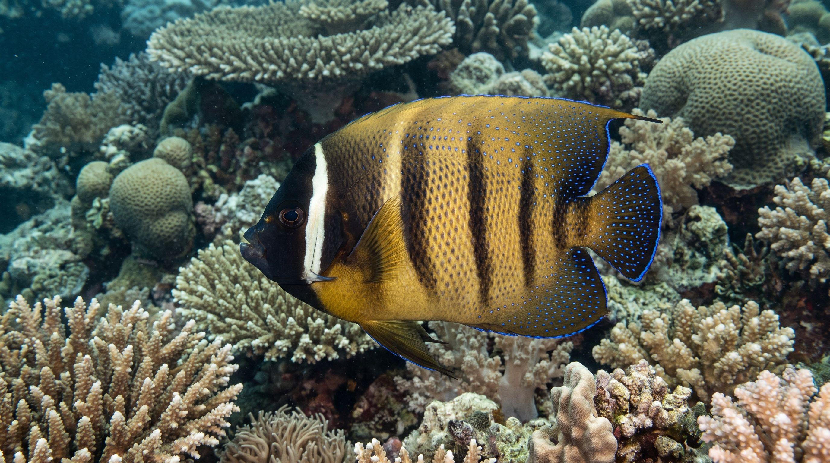 AI-generated illustration; species identification unverified. Six-banded Angelfish (Pomacanthus sexstriatus)