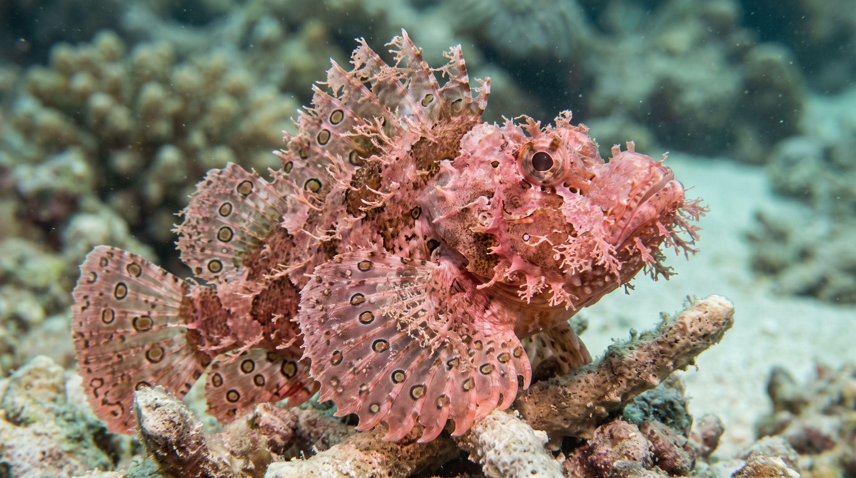 AI-generated illustration; species identification unverified. Weedy Scorpionfish (Rhinopias frondosa)