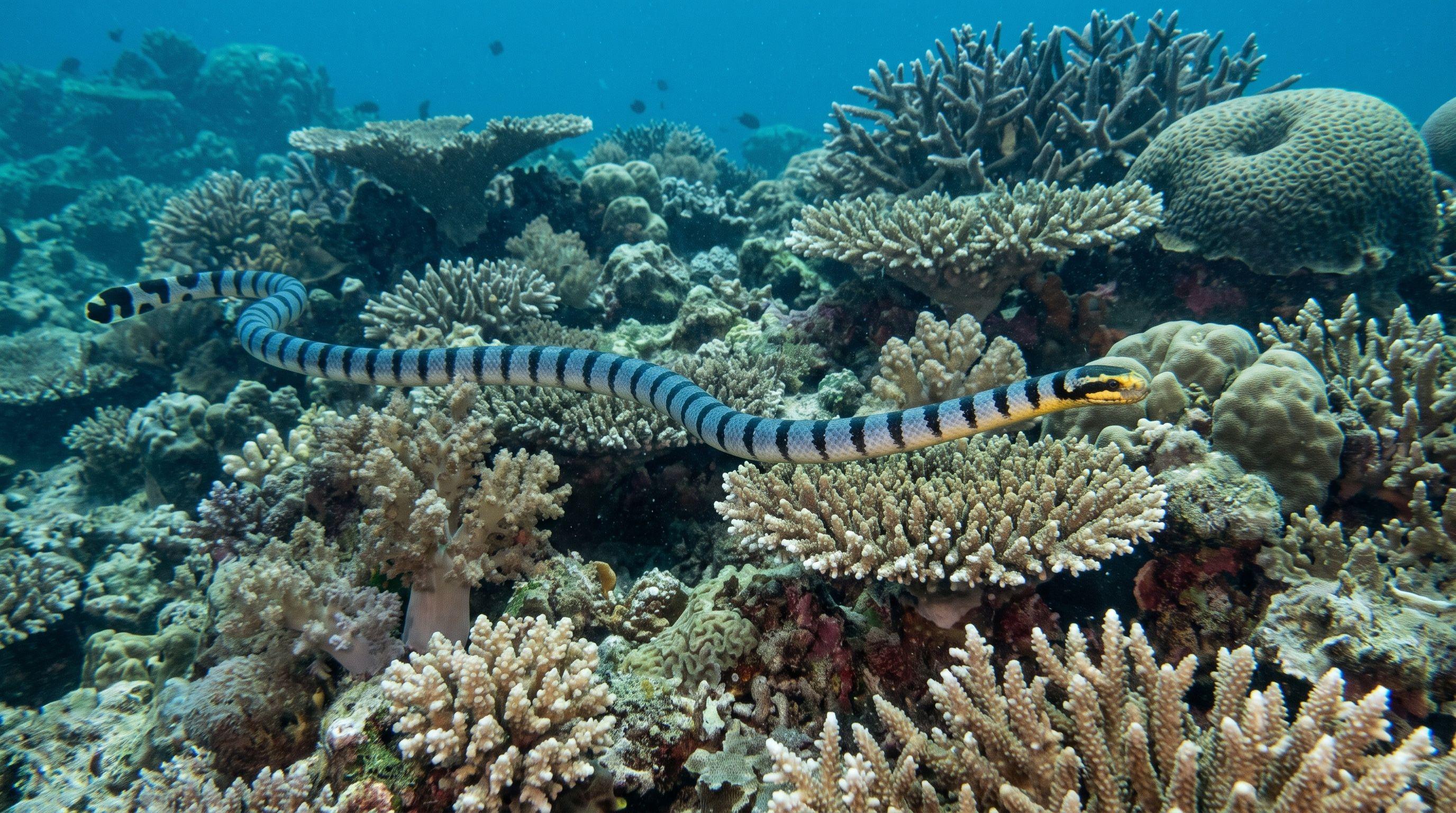 AI-generated illustration; species identification unverified. Banded Sea Krait (Laticauda colubrina)
