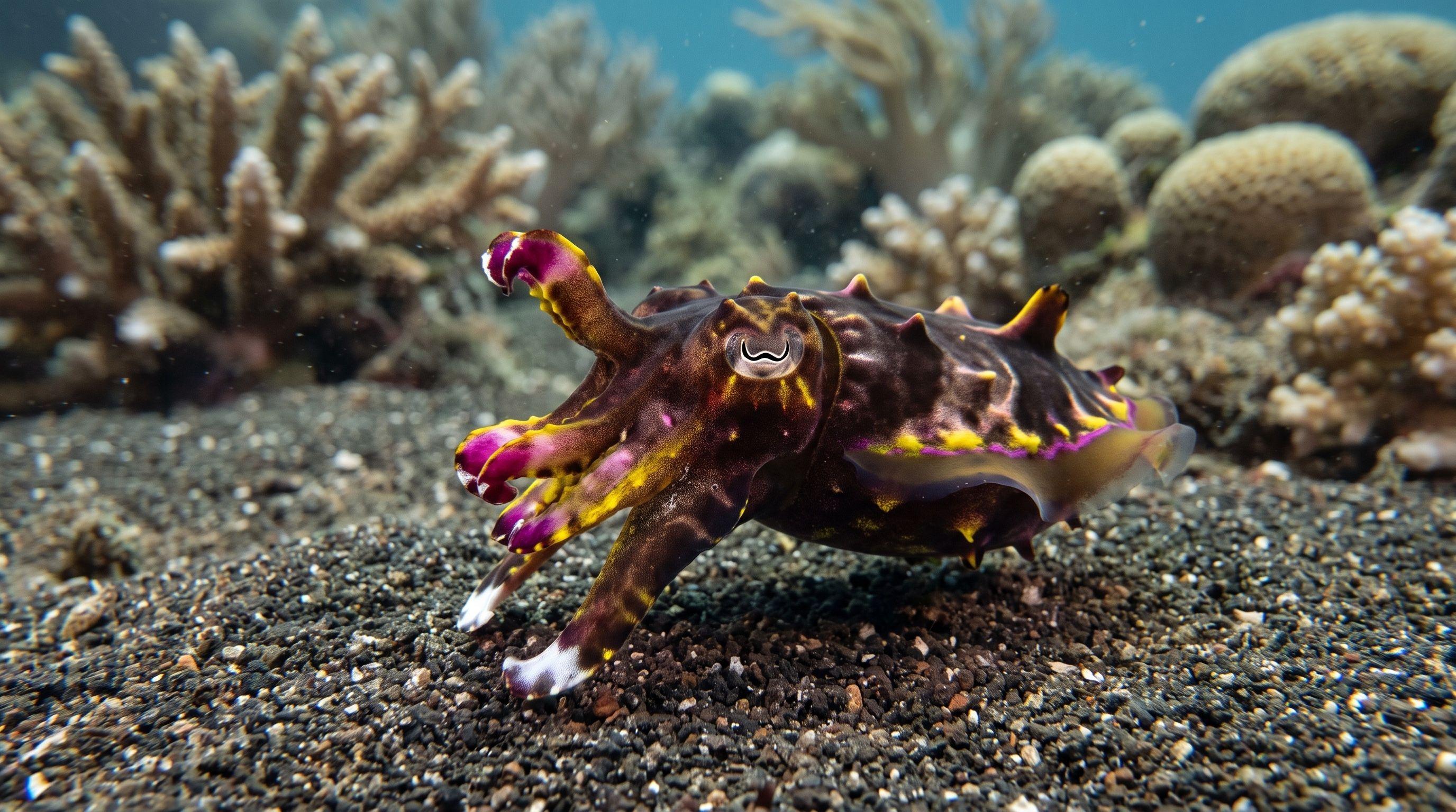 AI-generated illustration; species identification unverified. Flamboyant Cuttlefish (Metasepia pfefferi)