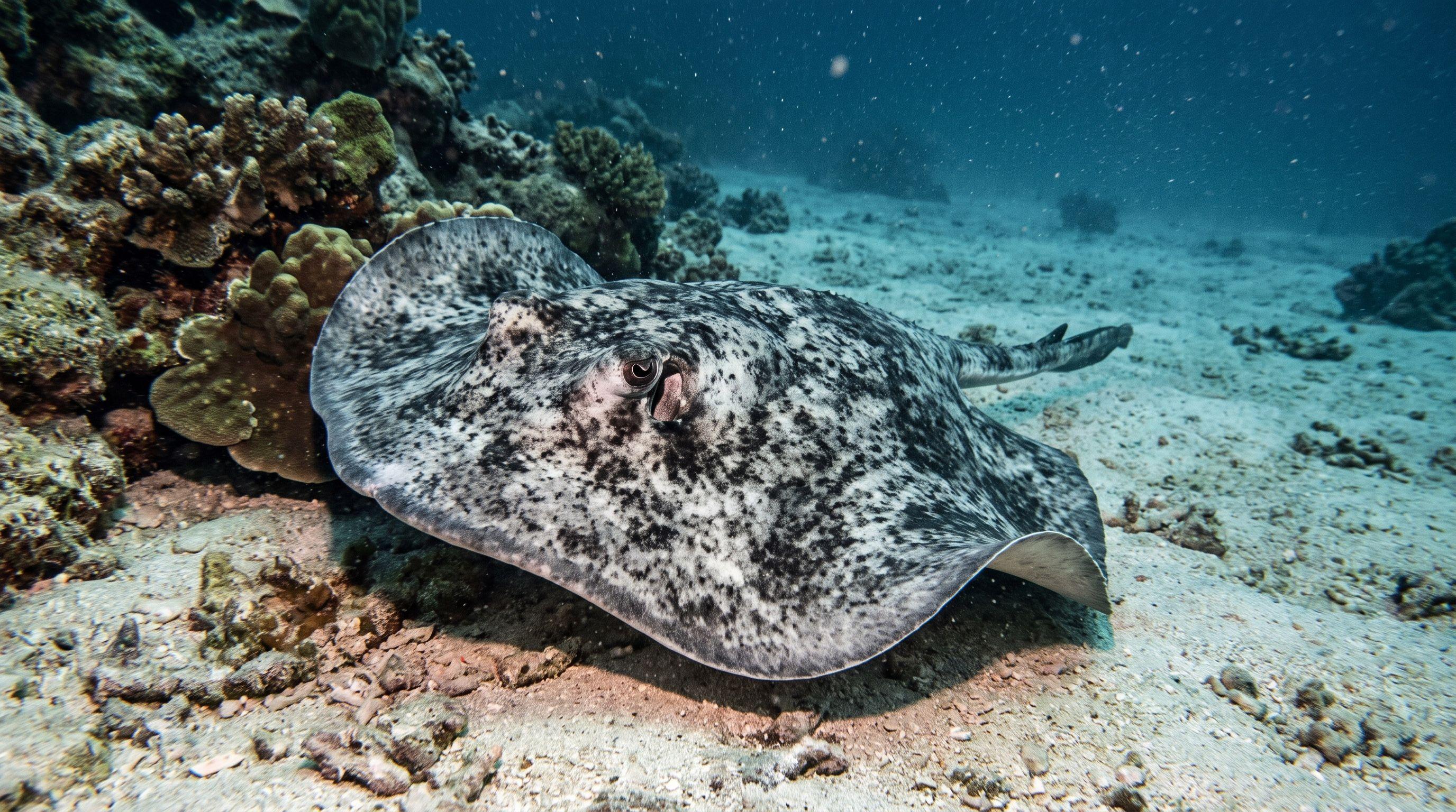 AI-generated illustration; species identification unverified. Marble Ray (Taeniurops meyeni)