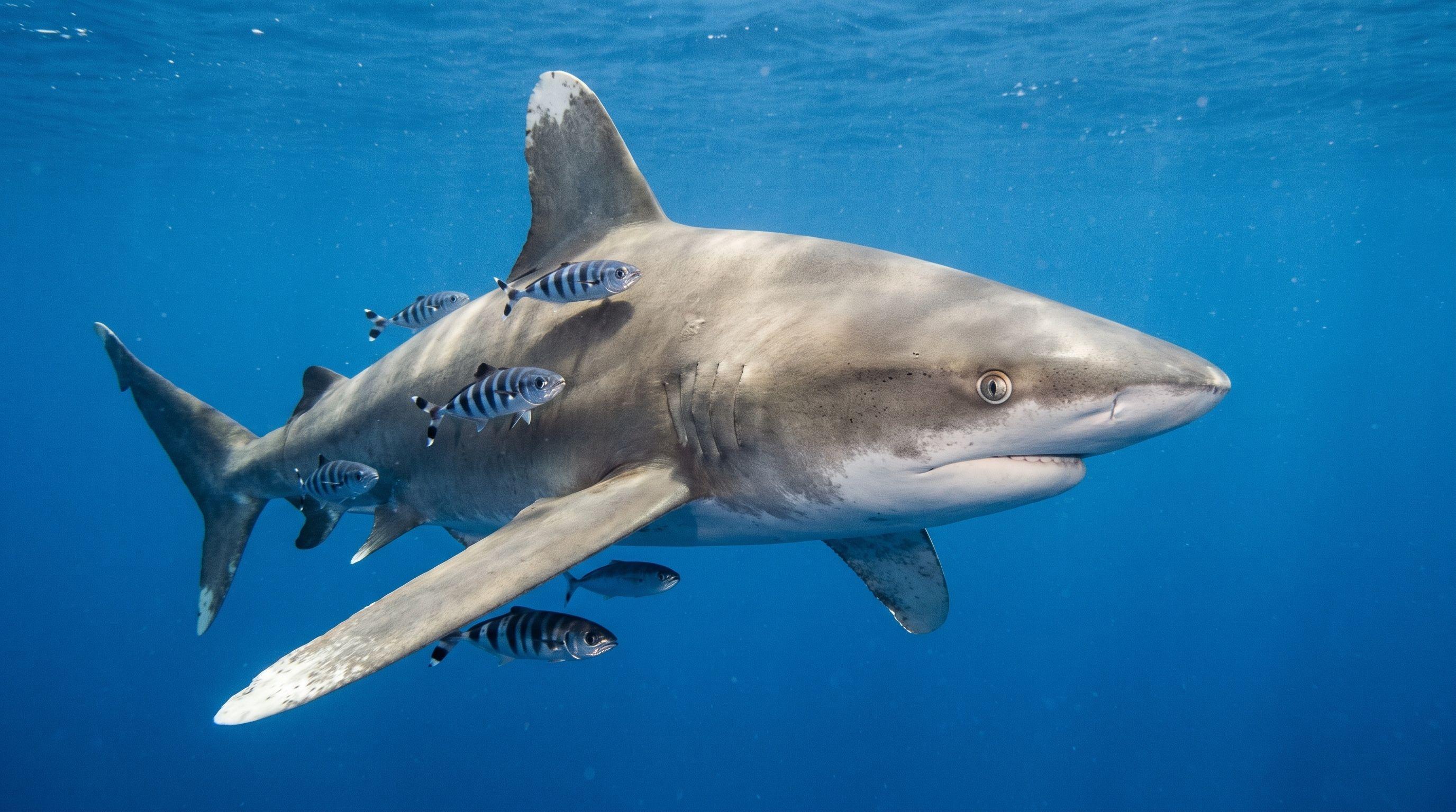 AI-generated illustration; species identification unverified. Oceanic Whitetip Shark (Carcharhinus longimanus)