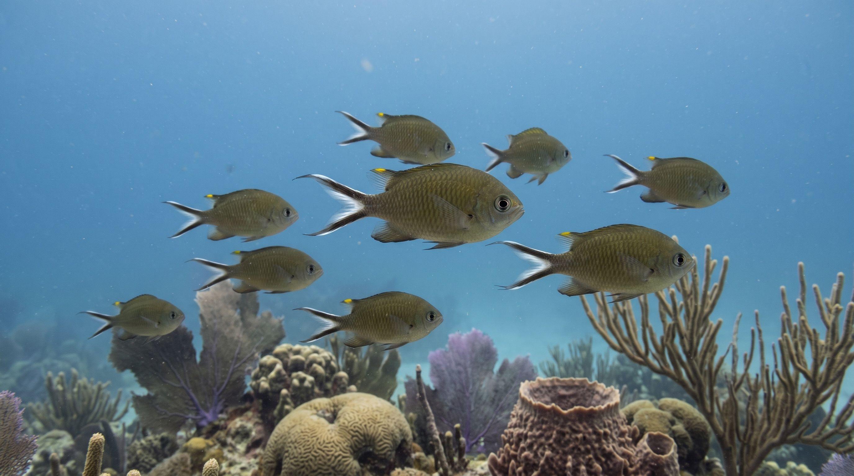 AI-generated illustration; species identification unverified. Brown Chromis (Chromis multilineata)