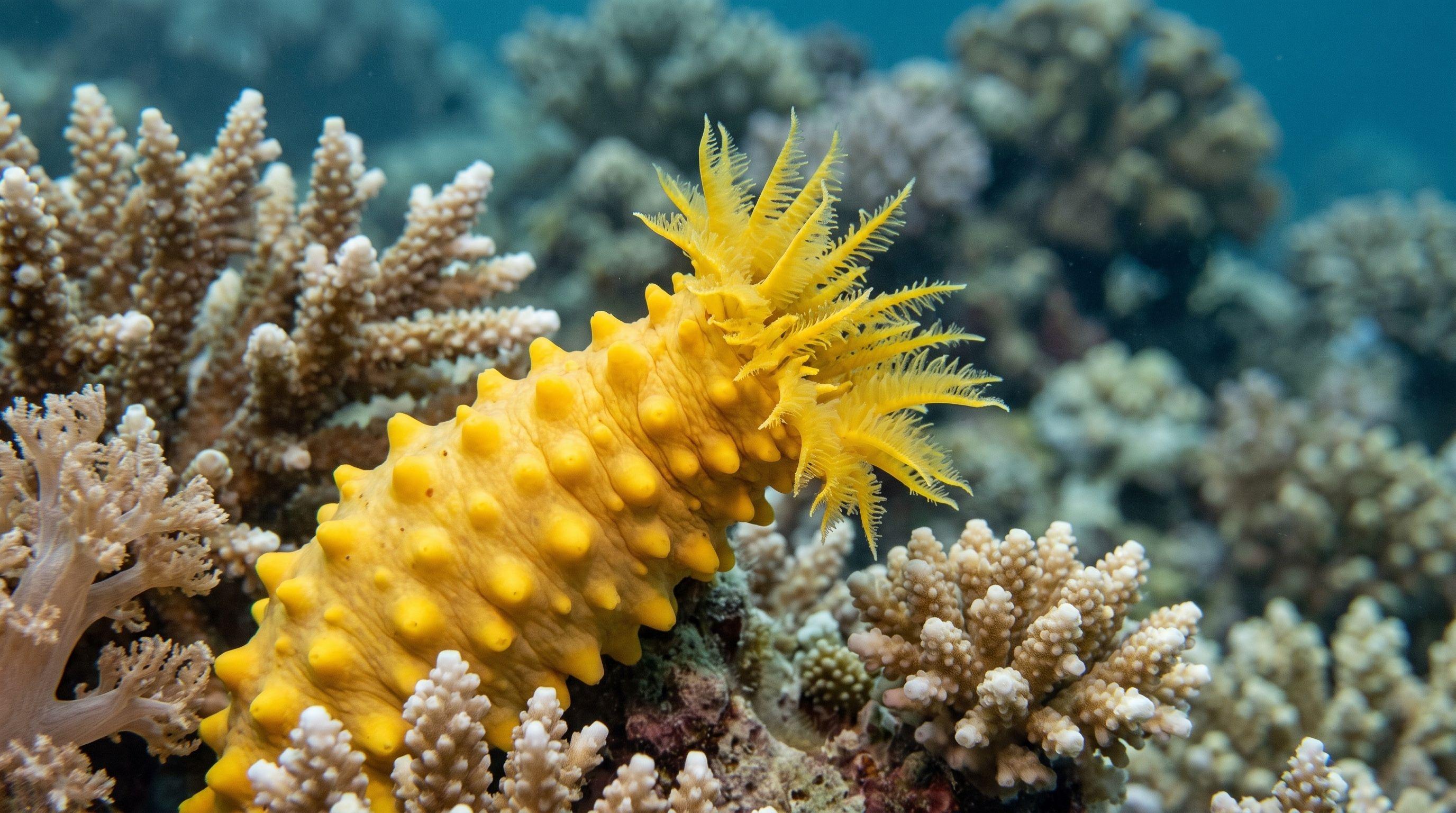 AI-generated illustration; species identification unverified. Yellow Sea Cucumber (Colochirus robustus)