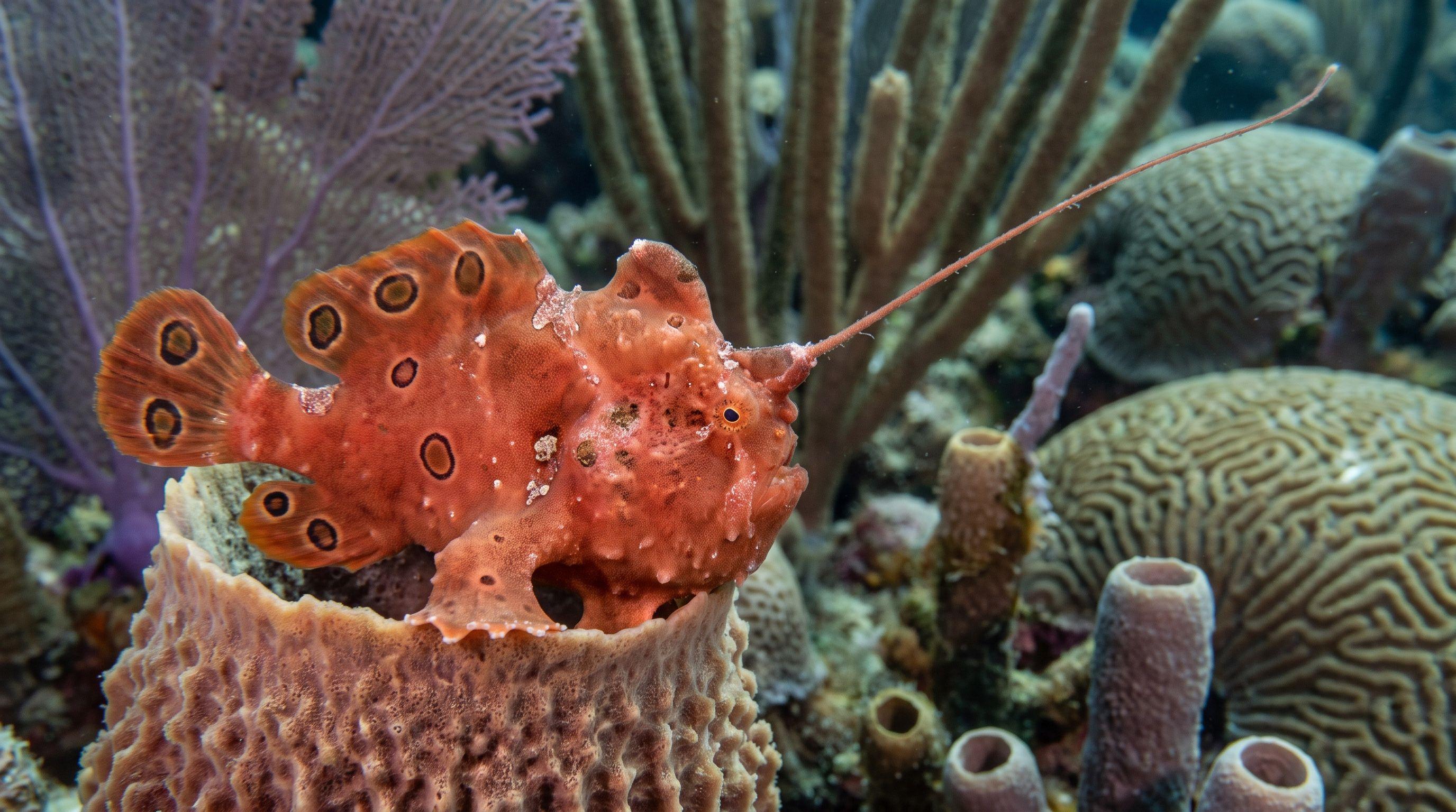 AI-generated illustration; species identification unverified. Longlure Frogfish (Antennarius multiocellatus)