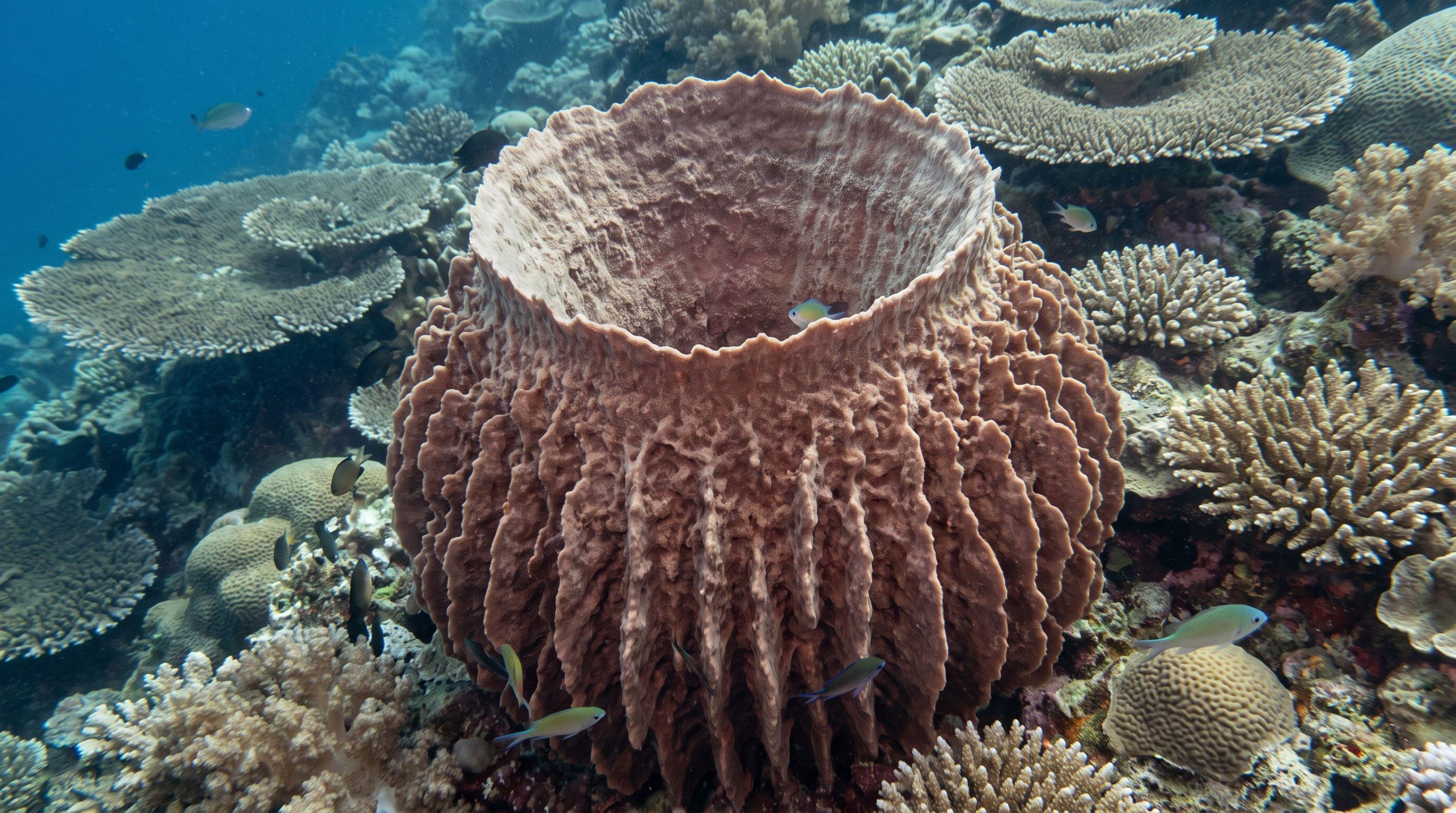 AI-generated illustration; species identification unverified. Barrel Sponge (Xestospongia testudinaria)