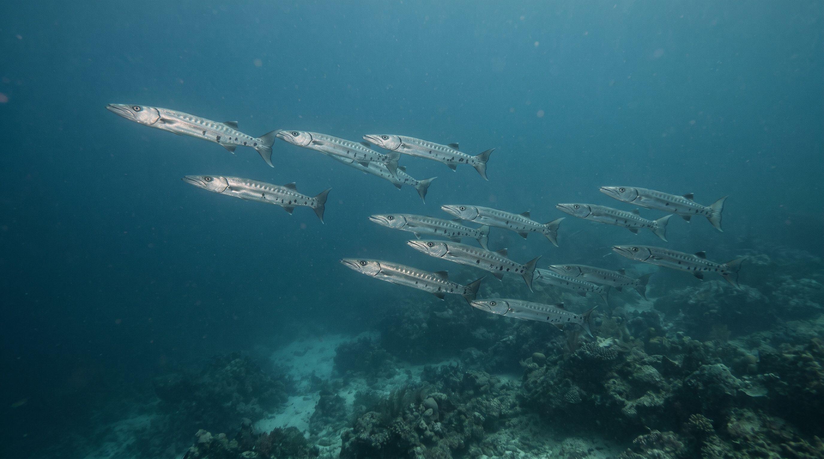 AI-generated illustration; species identification unverified. Barracuda (assorted)