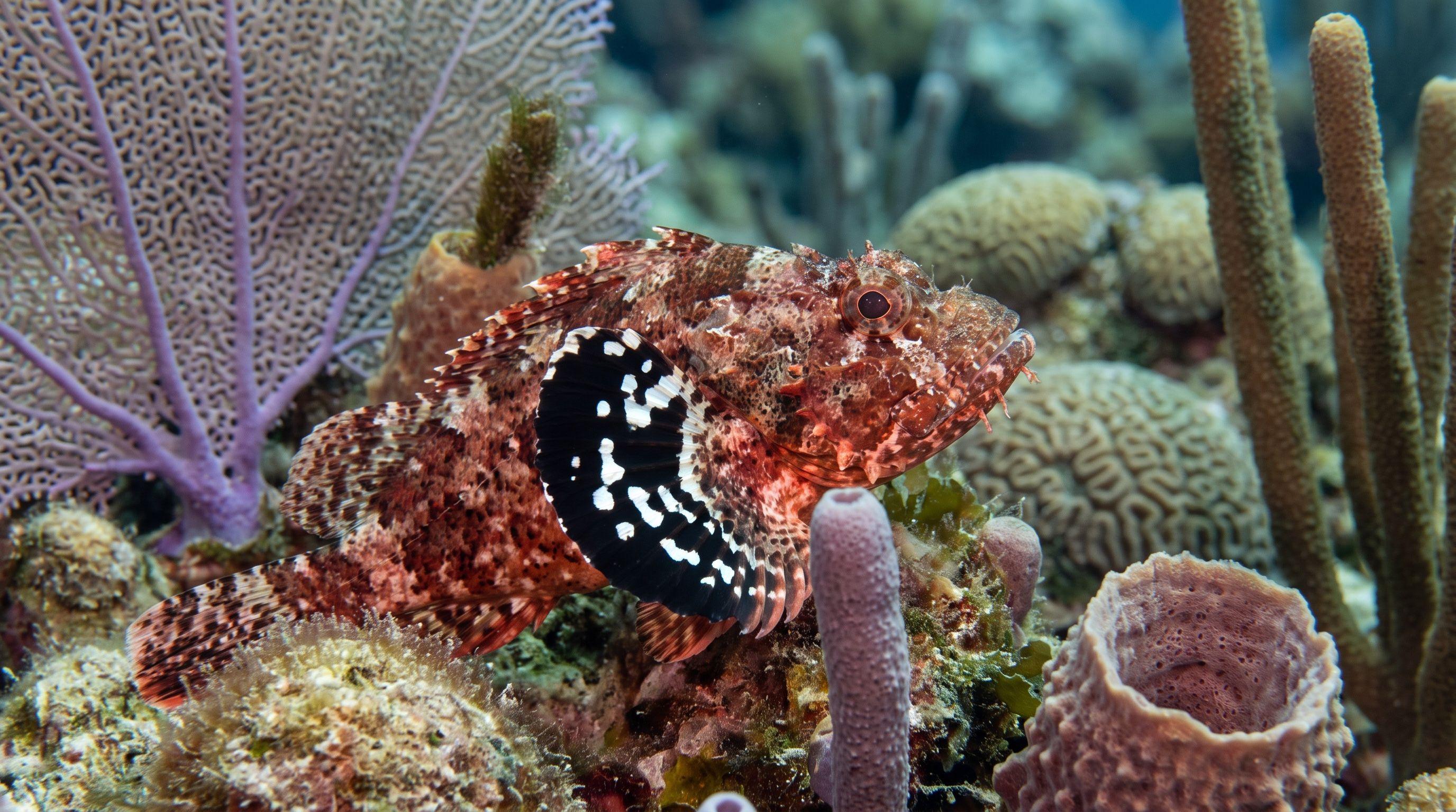 AI-generated illustration; species identification unverified. Spotted Scorpionfish (Scorpaena plumieri)