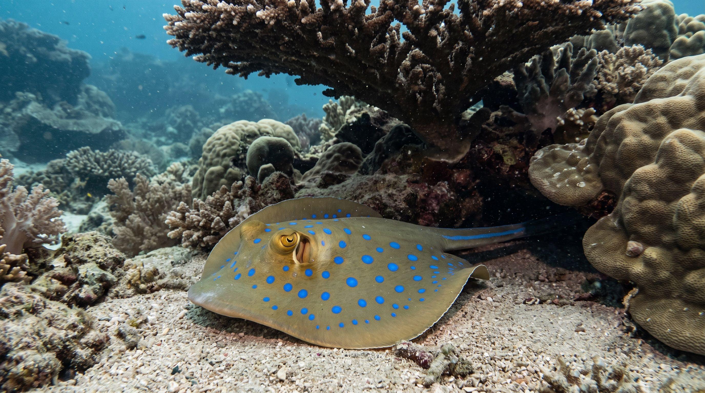 AI-generated illustration; species identification unverified. Blue-spotted Ribbontail Ray (Taeniura lymma)