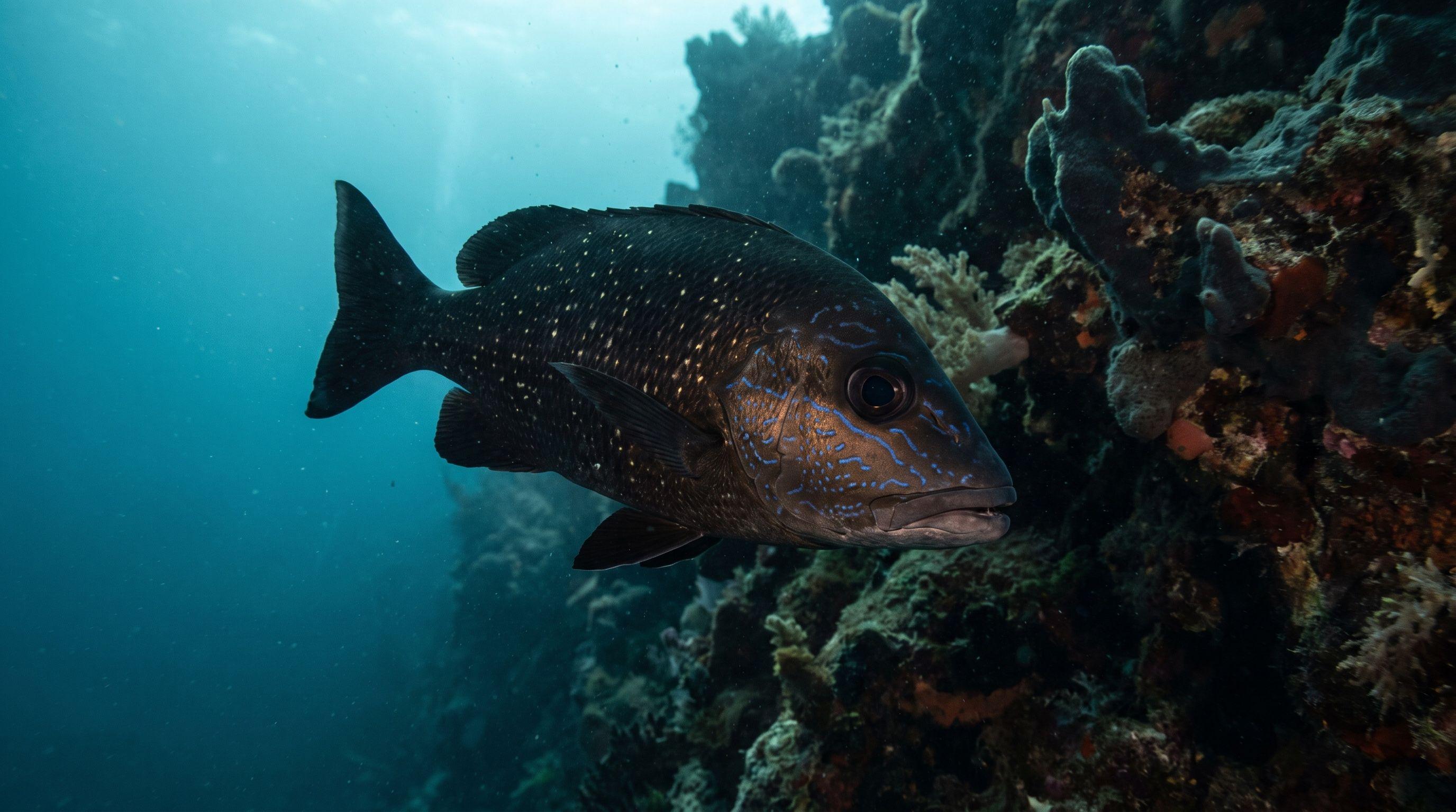 AI-generated illustration; species identification unverified. Midnight Snapper (Macolor macularis)
